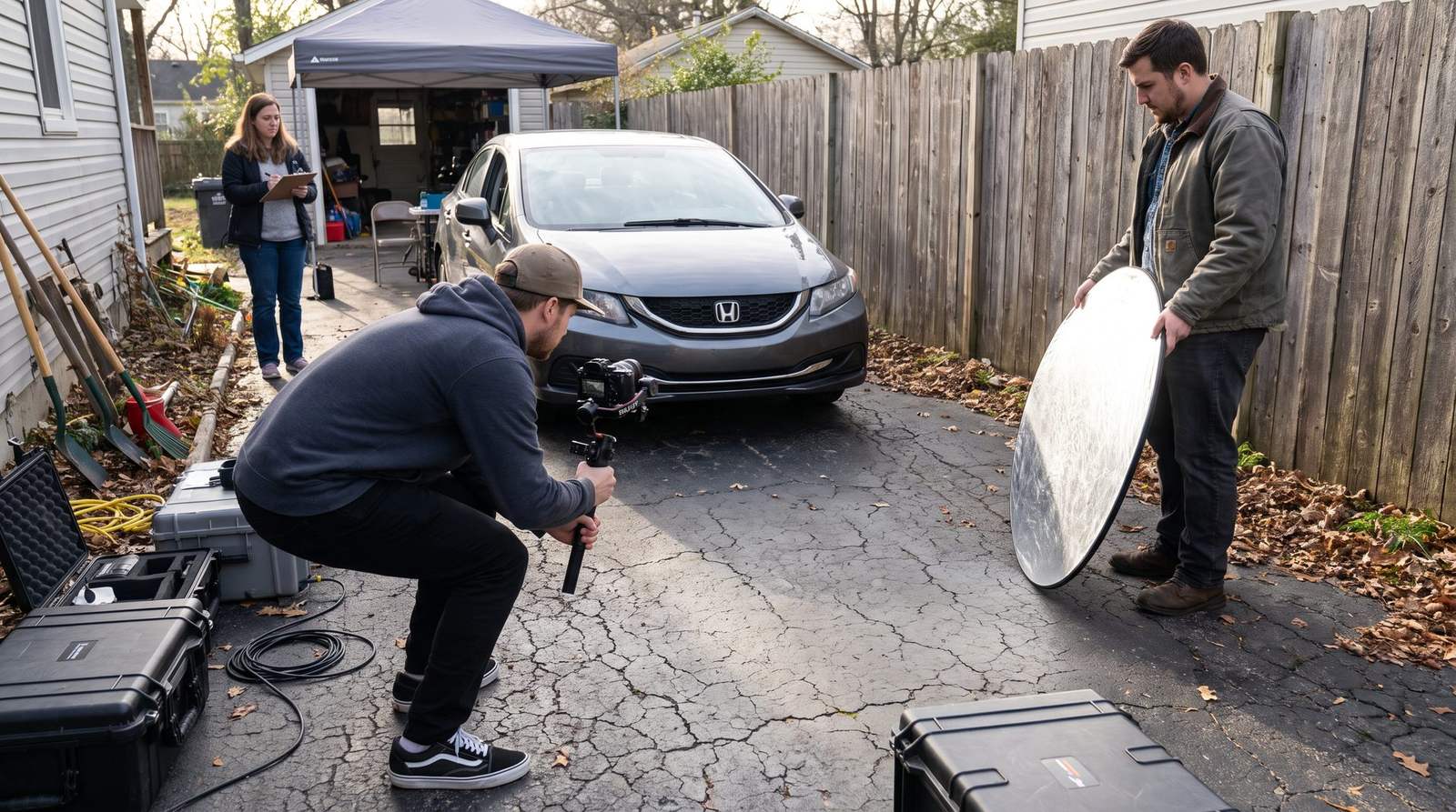 Small video crew filming a car on a residential driveway with a reflector and gimbal