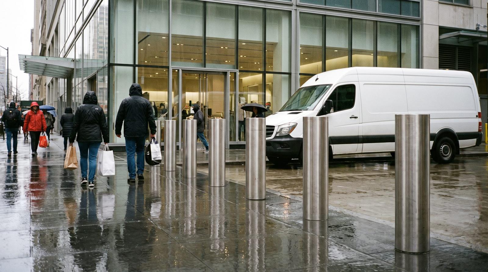 Stainless steel bollards protecting a rain-soaked storefront sidewalk with a delivery van at the curb