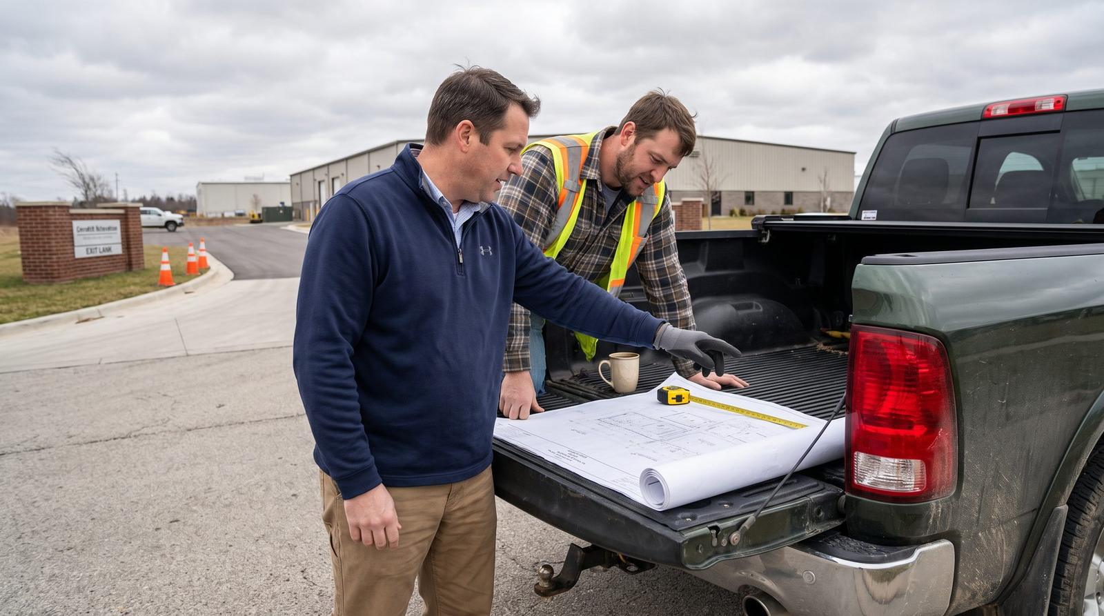Business owner and contractor reviewing site plans on a pickup tailgate at an industrial park