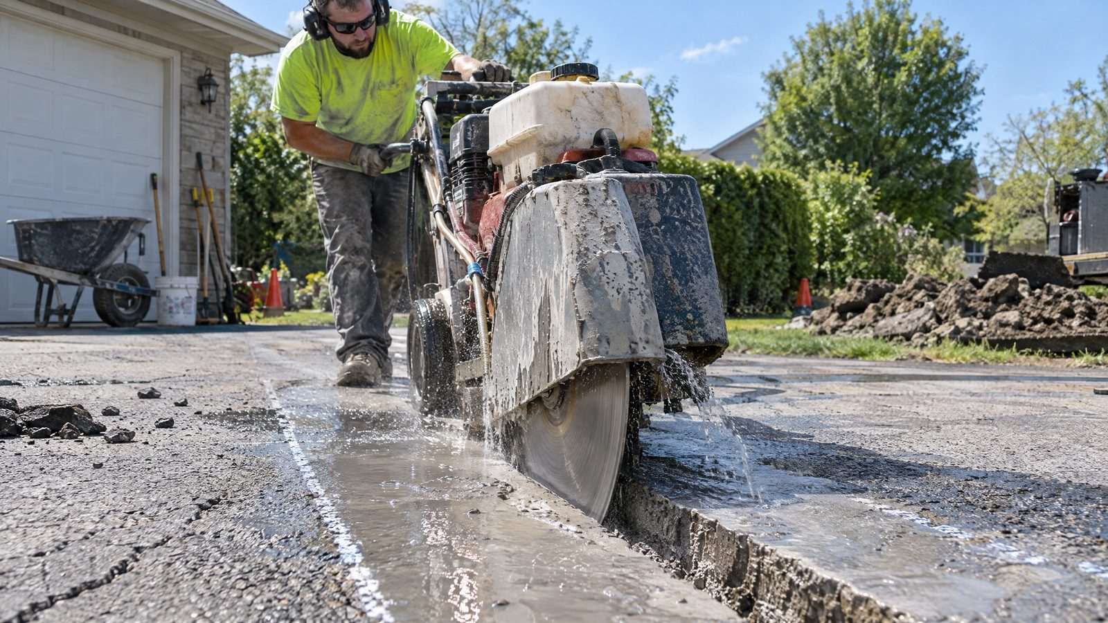 Worker cutting a slot in a concrete driveway with a walk-behind saw for a flush-mount install