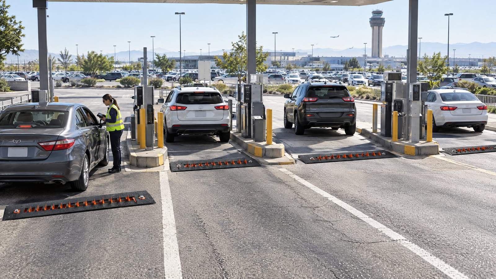 Airport parking exit plaza with traffic spike strips across each lane and a control tower in the distance