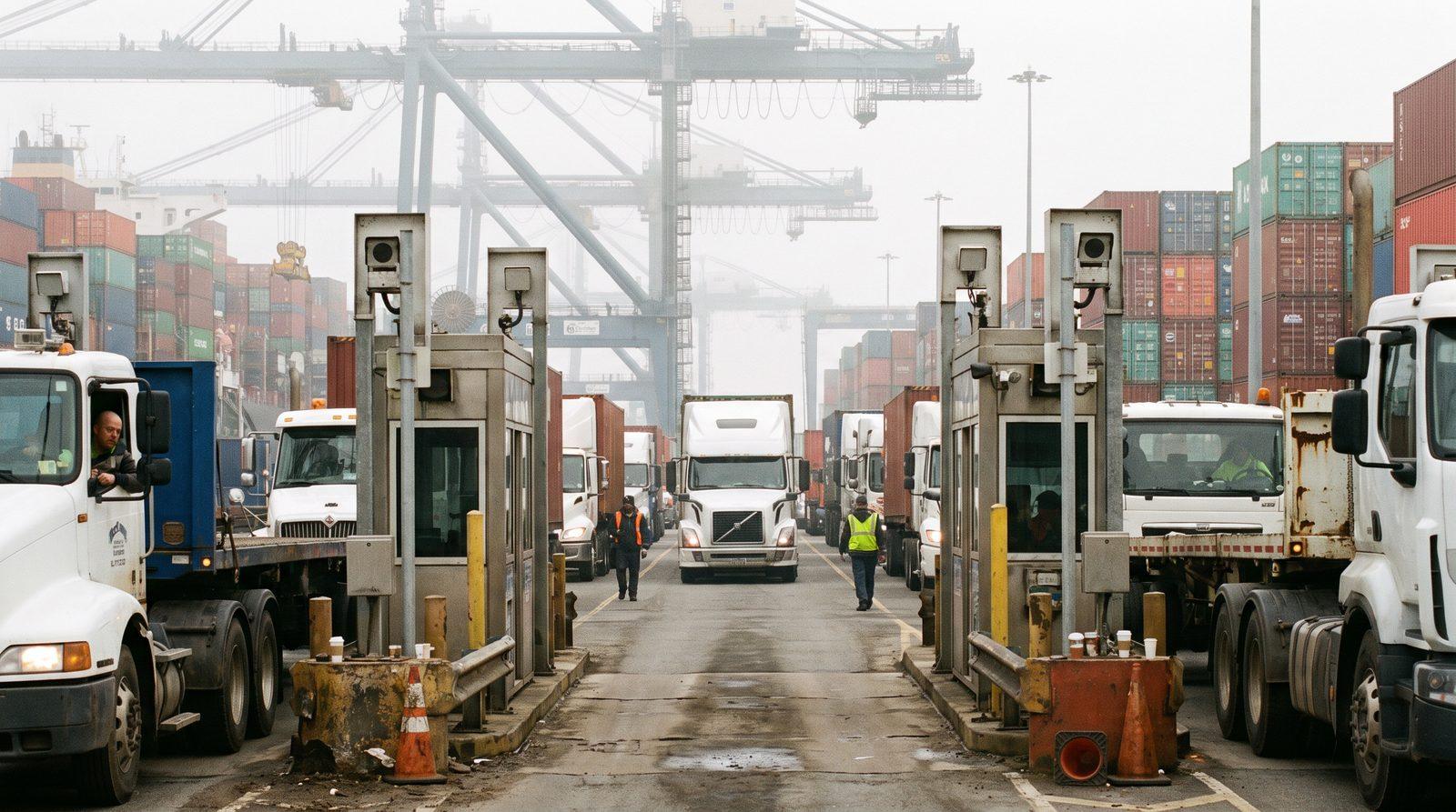 Semi trucks lined up at the guarded gate lanes of a container port