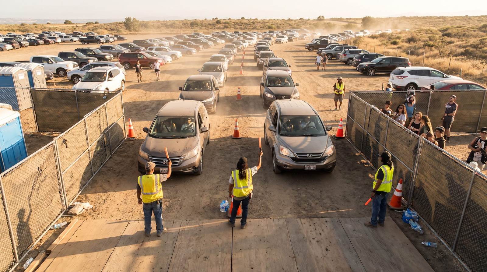 Event staff in hi-vis directing cars into a fenced festival parking lot