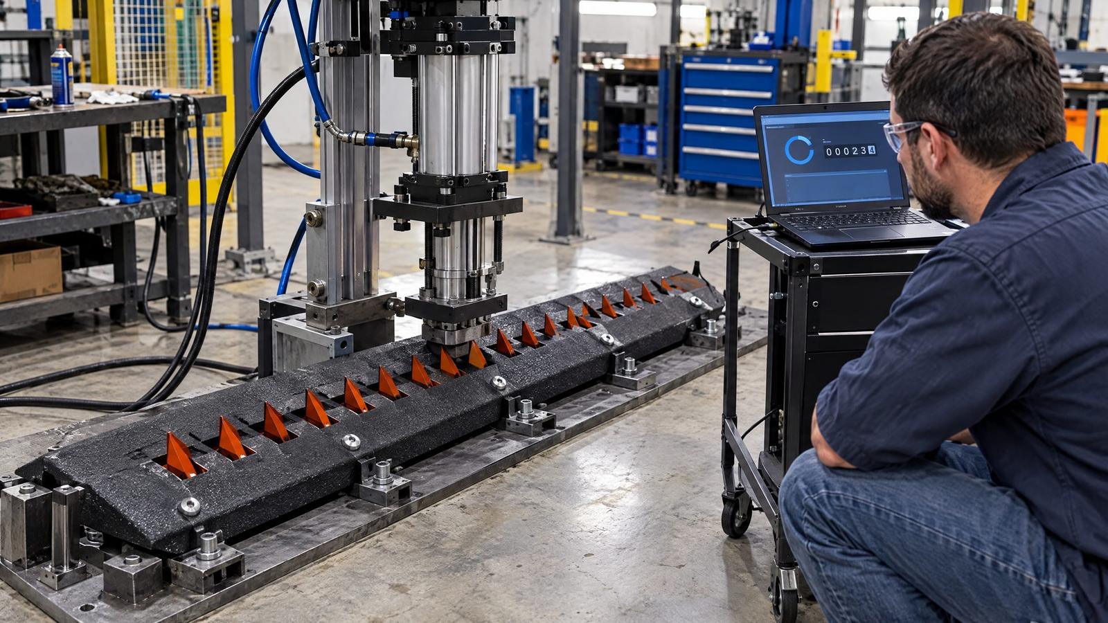 Engineer watching a hydraulic press load-test a Coyote traffic spike unit in a test lab