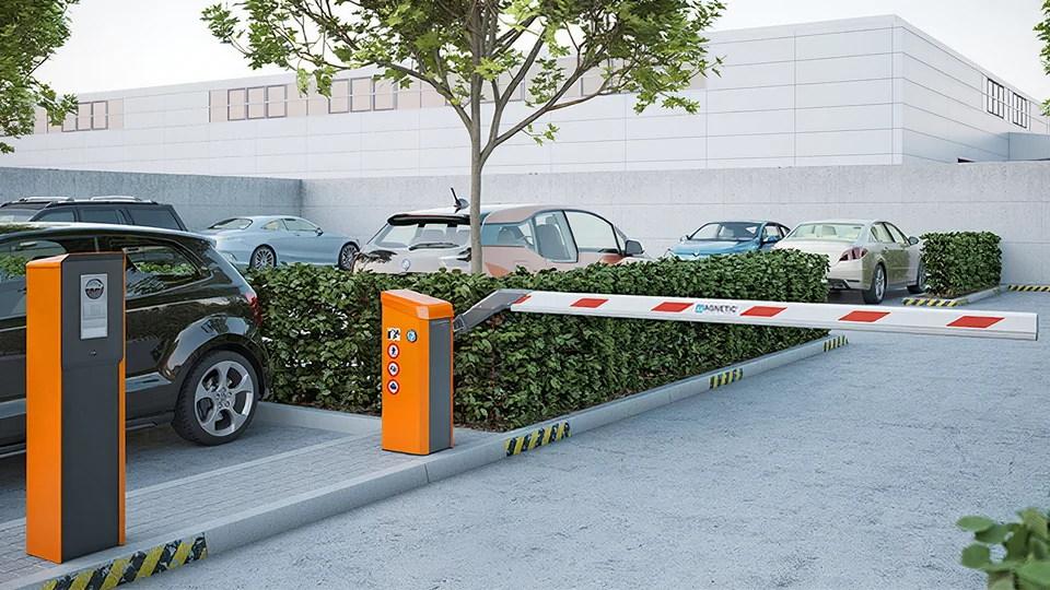 Magnetic barrier gate and ticket terminal at a parking lot entrance