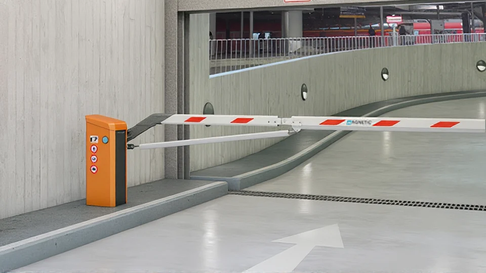 Magnetic Parking Pro barrier gate with folding arm at a parking garage entrance