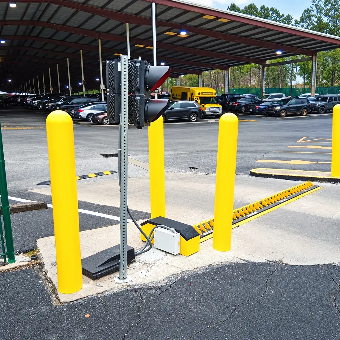Motorized spike system with a red/green signal and bollards at a covered bus and fleet lot