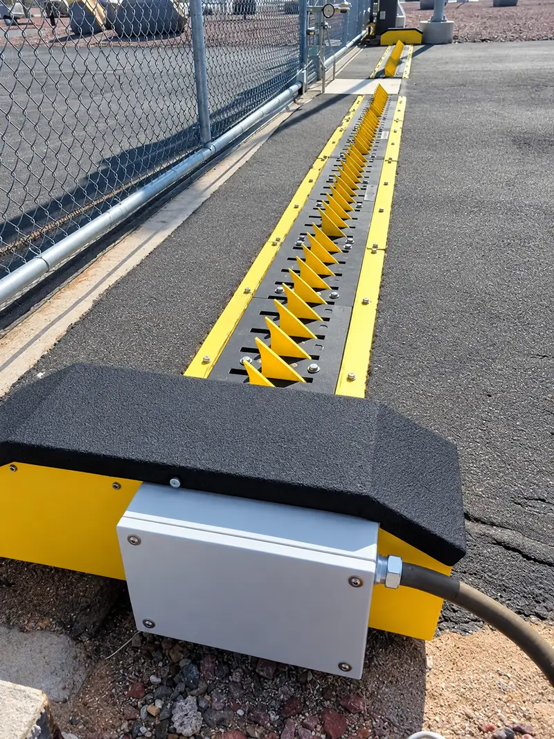 In-ground motorized spike system set flush in an exit lane with its weatherproof actuator housing