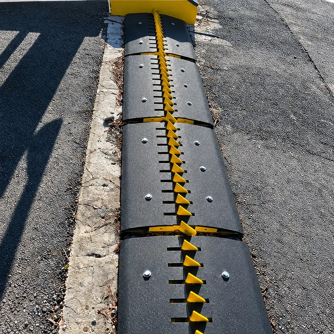 Overhead view of joined motorized spike modules with yellow teeth