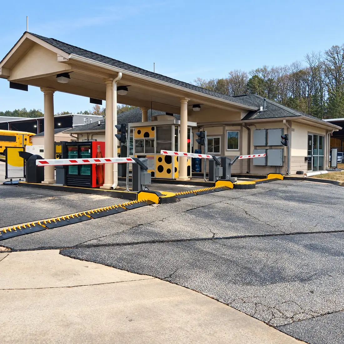 Motorized spikes across exit lanes at a guarded toll plaza with gate arms