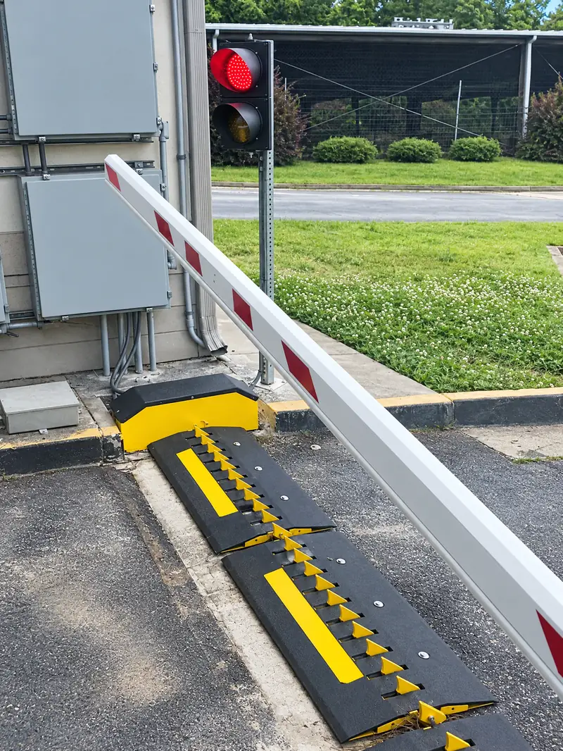 Barrier arm beside motorized traffic spikes with teeth raised and the red signal lit