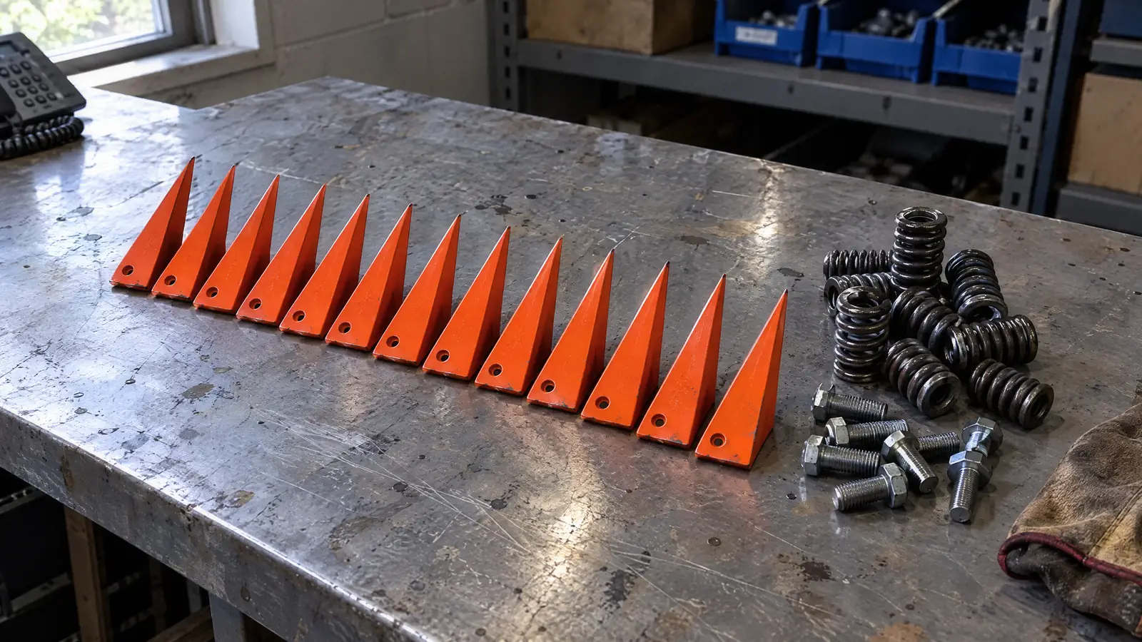 Row of orange powder-coated replacement spike blades beside return springs and module bolts on a steel workbench