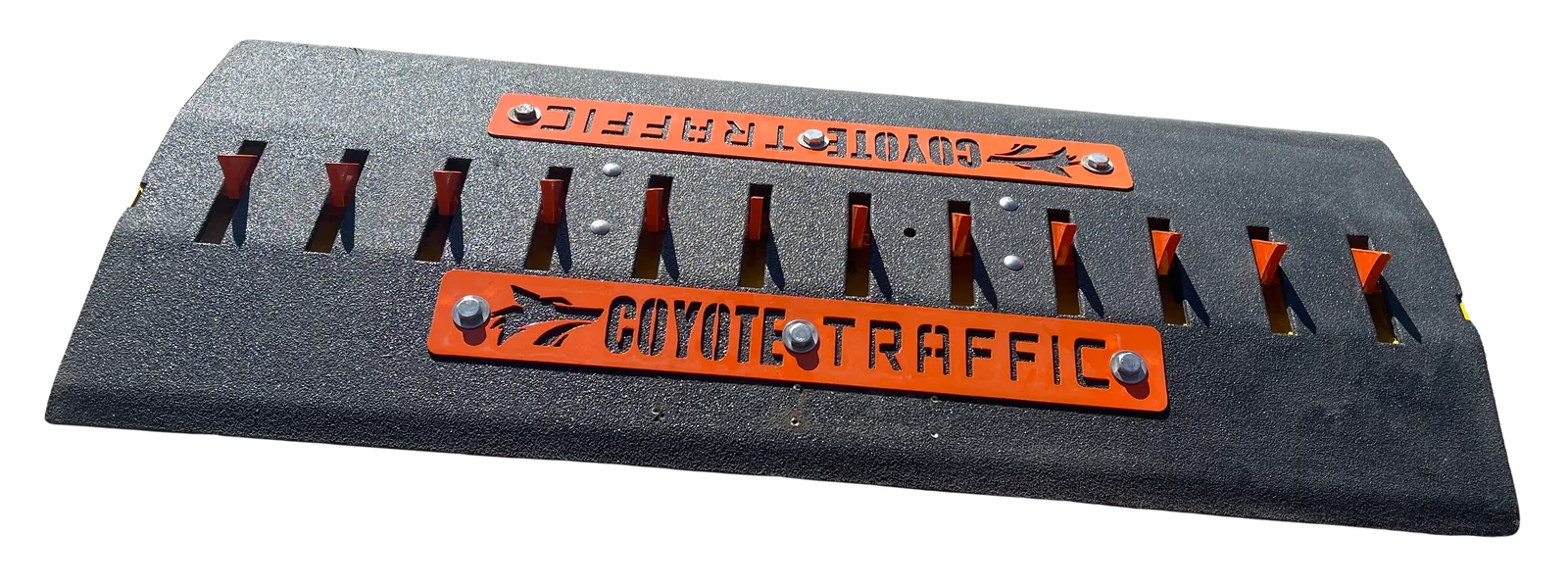 Single 4-foot Coyote Traffic surface-mount spike module with orange teeth and Coyote faceplates