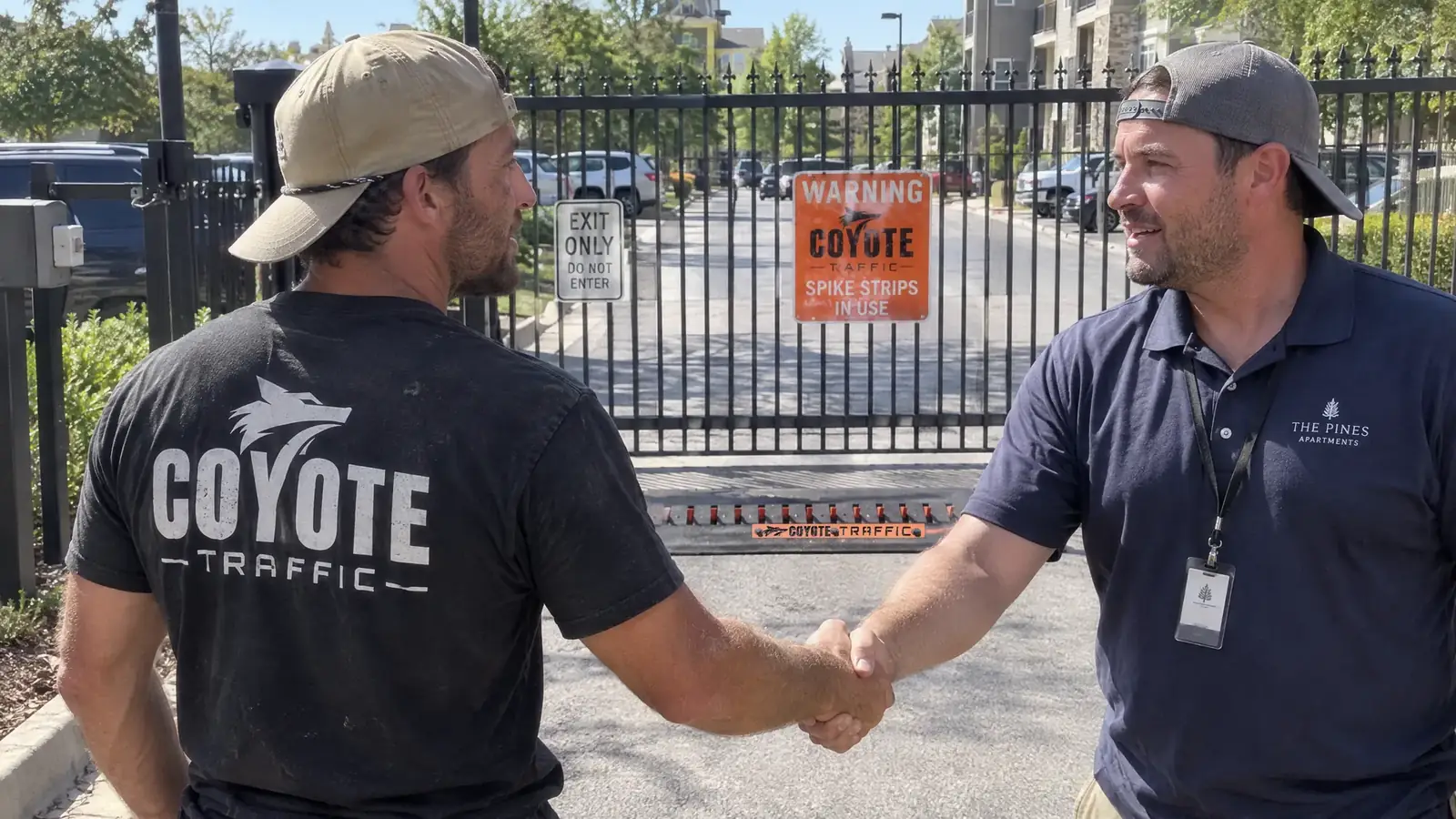 Coyote Traffic installer shaking hands with a property manager in front of a newly installed spike system at an apartment exit