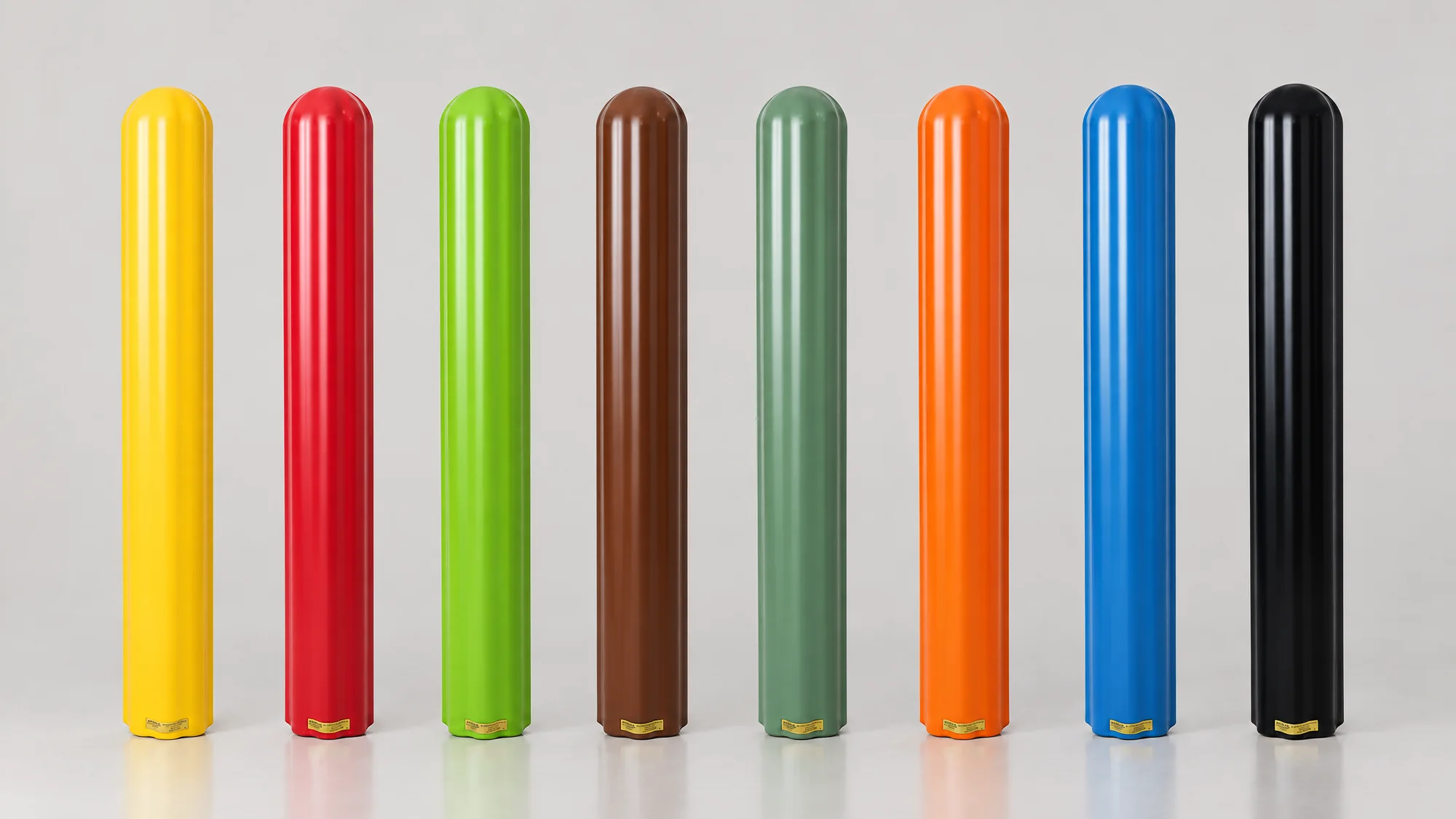 Bollard covers in yellow, red, lime, brown, green, orange, blue and black