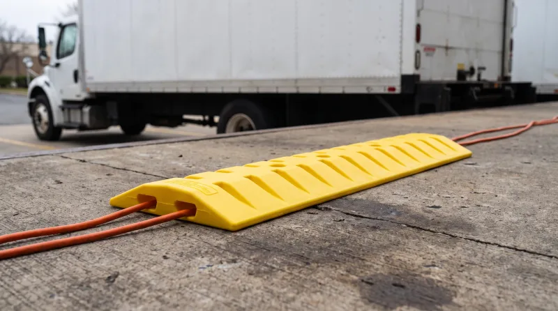Yellow speed bump cable protector with orange cords through its channels