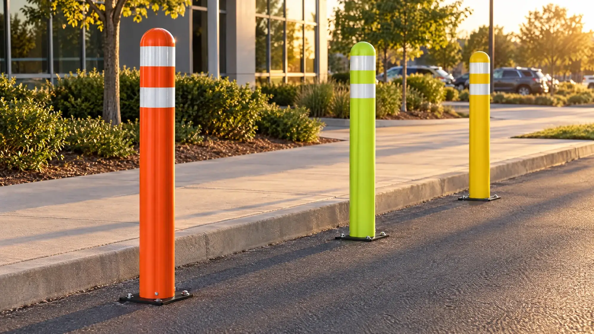 Orange and yellow guide-post delineators with reflective bands along a drive lane