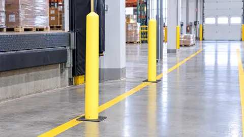 Yellow poly bollards marking a pedestrian lane in a warehouse