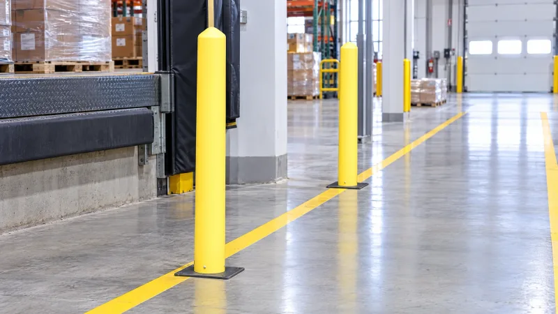 Yellow poly bollards marking a pedestrian lane in a warehouse