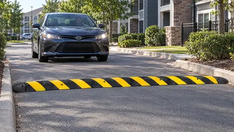 Black and yellow modular rubber speed bump across a private drive