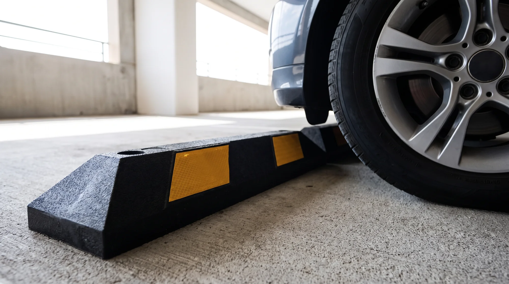 Black recycled rubber wheel stop with yellow reflective panels in a parking garage