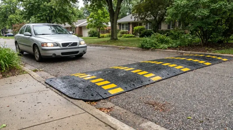 Modular rubber speed hump with yellow reflective strips across a residential road
