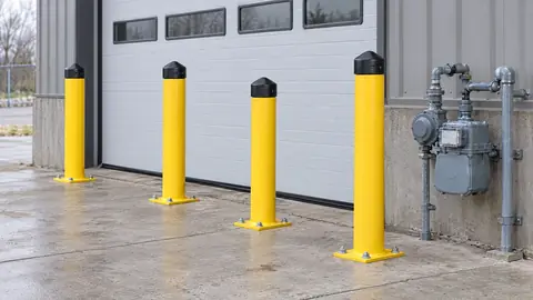 Yellow steel bollards with black caps on bolted base plates protecting a warehouse door