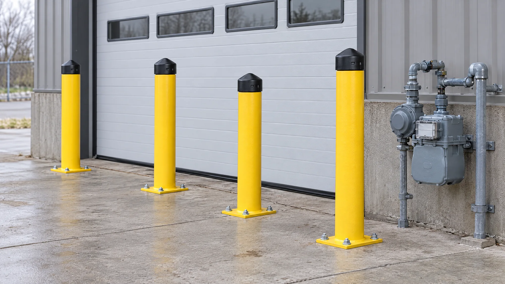 Yellow steel safety bollards protecting a building entrance