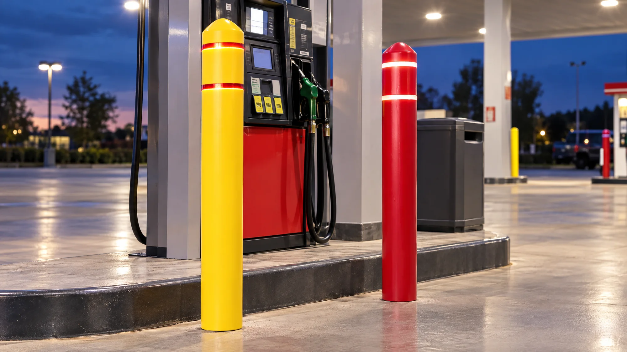 Yellow bollard cover with red stripes and red cover with white stripes at a fuel island