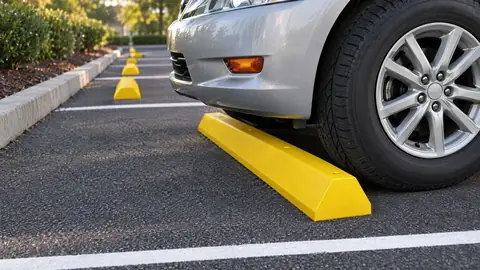 Yellow recycled plastic wheel stop with a car tire resting against it