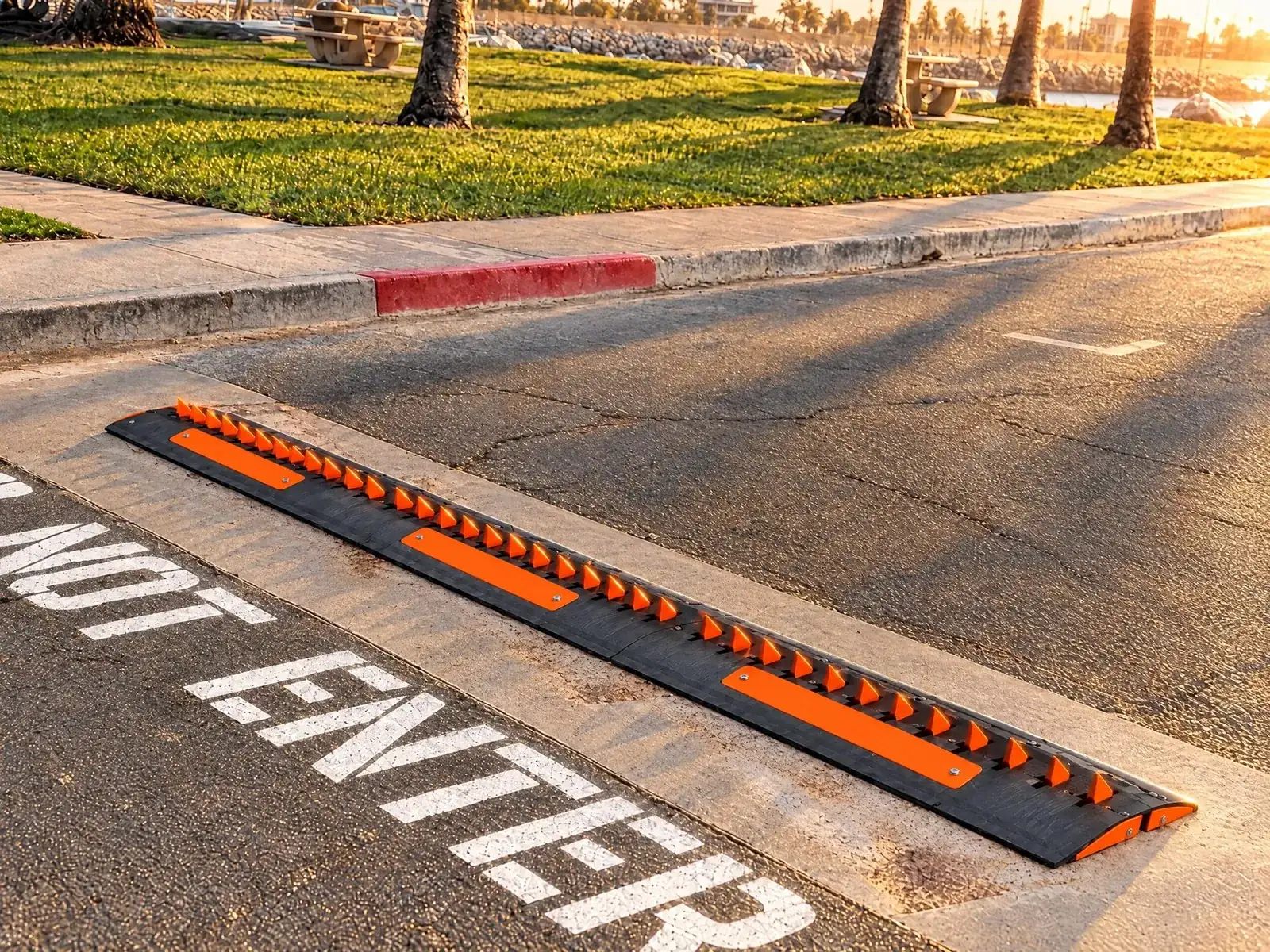 Three orange-tooth spike modules bolted curb to curb across a coastal parking exit beside a DO NOT ENTER marking