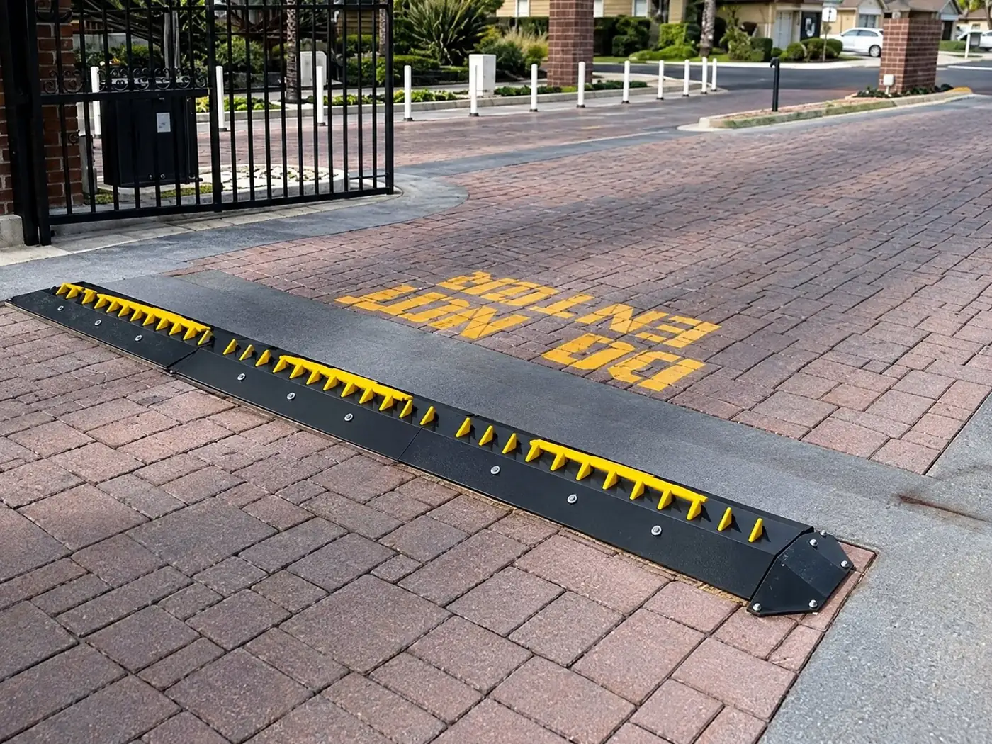 Yellow-tooth surface-mount spikes across a brick-paver exit lane at a gated community beside a DO NOT ENTER marking
