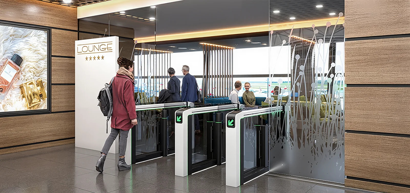 Magnetic mFlow speed-gate passageways at an airport lounge entrance