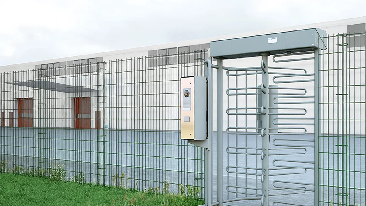 Magnetic MPT full-height turnstile set into a perimeter fence line at an industrial site