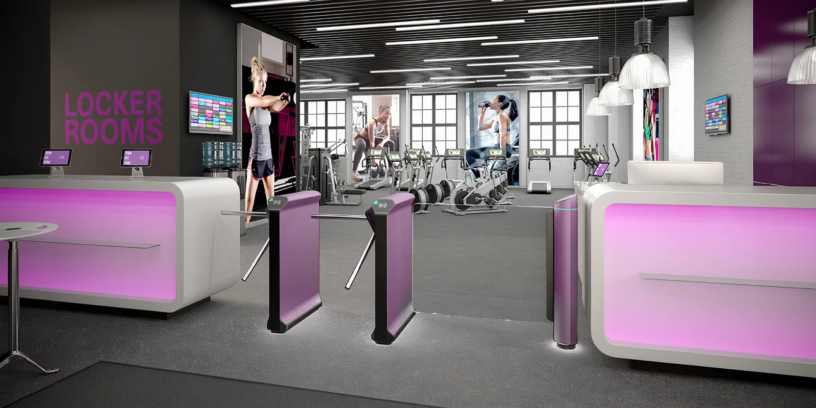 Gym lobby with tripods and a wide swing gate