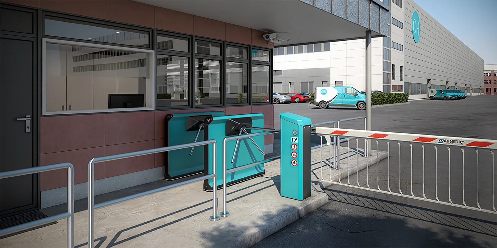 Two Magnetic mTripod turnstiles beside a gatehouse next to a Magnetic barrier gate