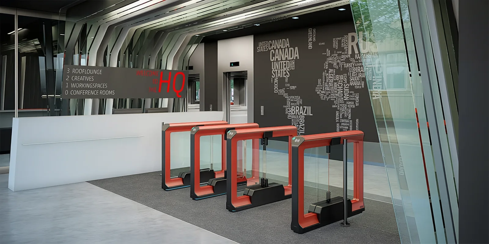 Bank of Magnetic mWing speed gates with red housings in an office headquarters lobby